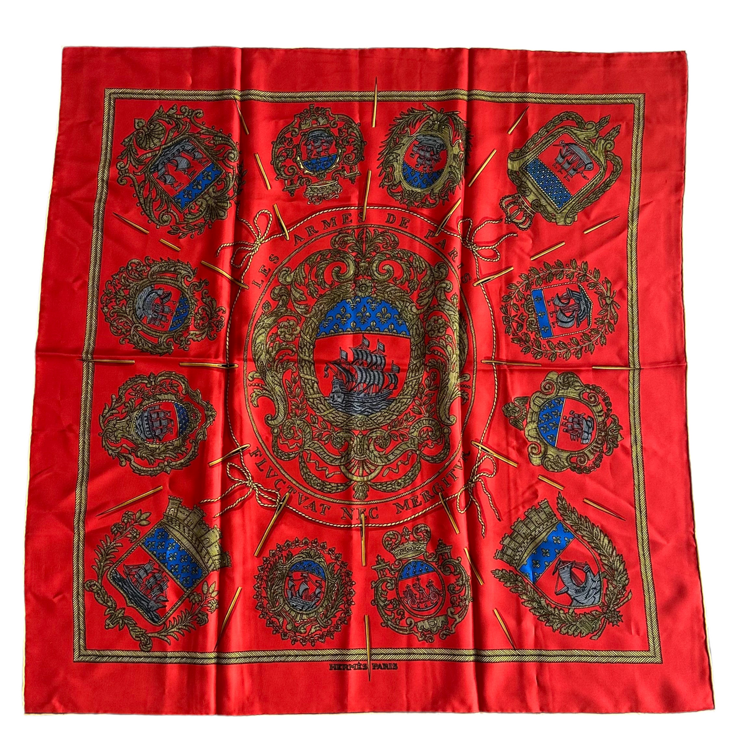 Hermes Les armes de Paris Red Silk Scarf