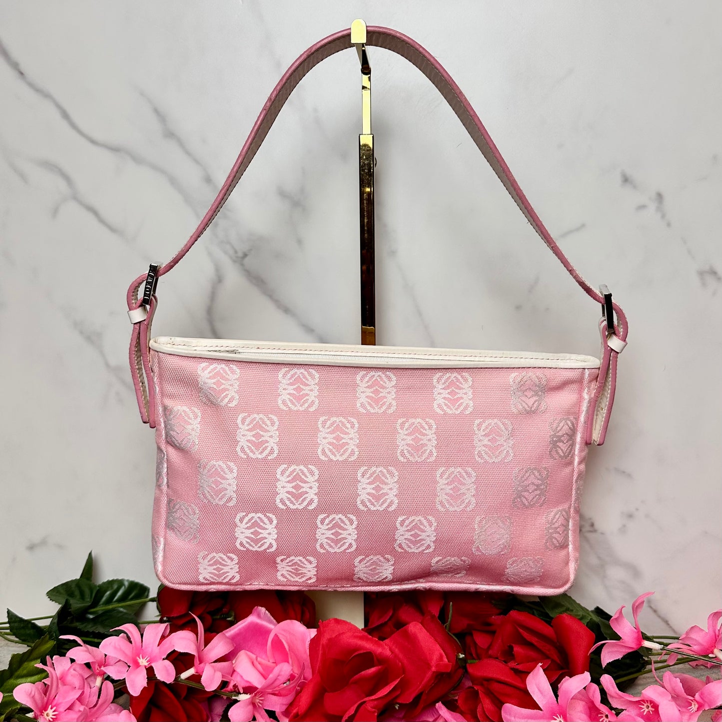 Loewe Anagram Pink Canvas & Leather Shoulder Bag