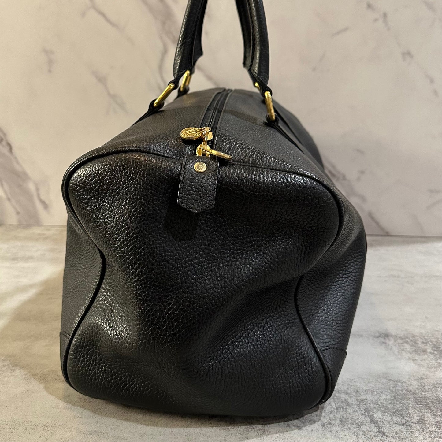 Fendi Black Pebbled Leather Boston Bag