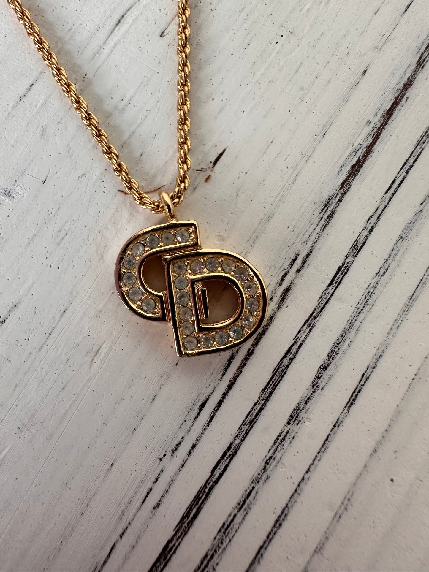 Vintage Christian Dior Logo Rhinestone Pendant Necklace