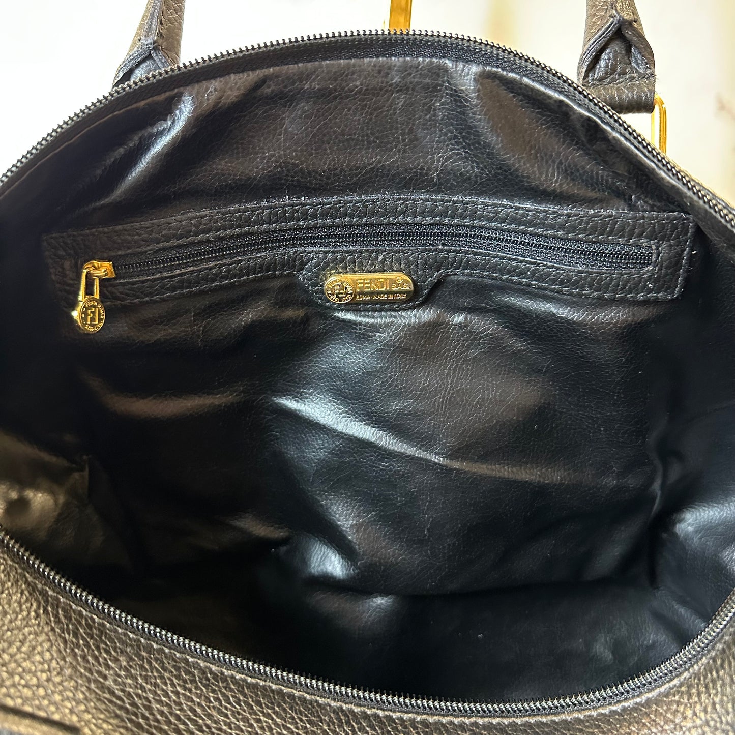 Fendi Black Pebbled Leather Boston Bag